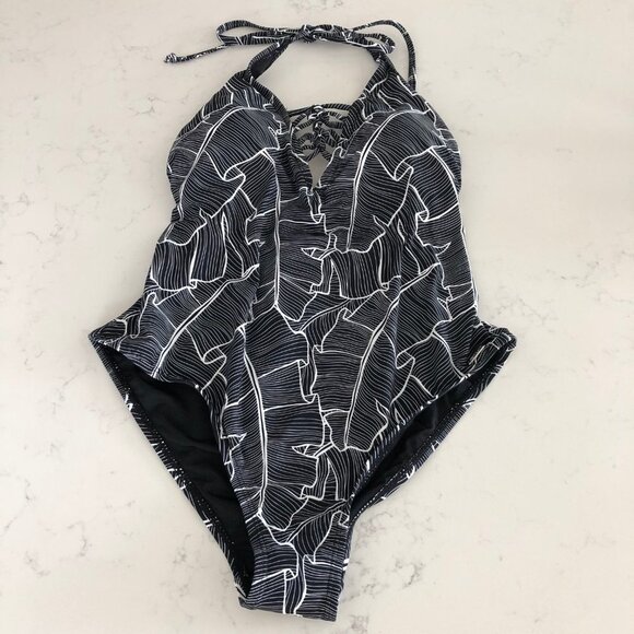 Far West V Neck Abstract Leaf Print Nylon One Piece Swimsuit Blk + Wht Sz S NWT - Picture 4 of 14